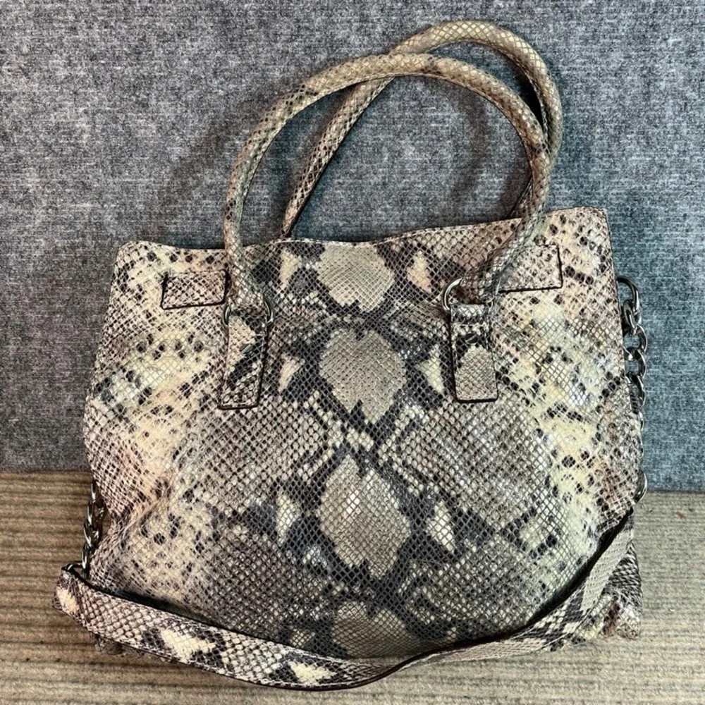 Michael Kors Hamilton Snakeskin Embossed Leather Satchel Bag Silver Hardware